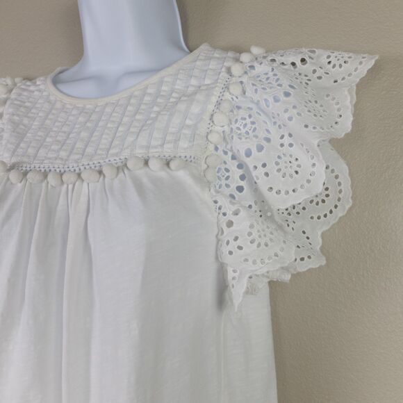 J Crew White Eyelet Flutter-Sleeve Pom-Pom Trim Top Size XXS - Picture 4 of 7